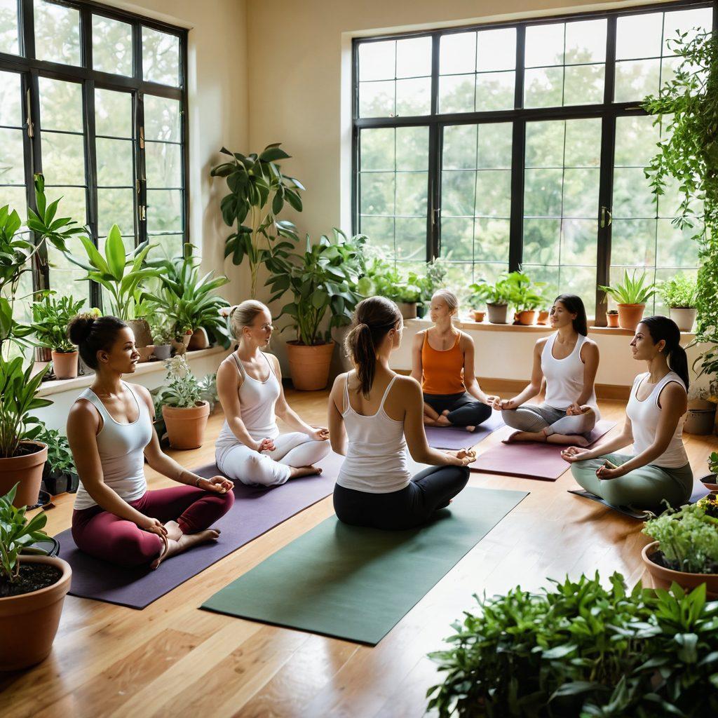 A serene scene depicting a diverse group of people engaged in various wholesome activities, such as yoga, gardening, and cooking together, surrounded by plants and sunlight. Incorporate elements of mindfulness like meditation and herbal teas, combining nature with a sense of community. The atmosphere should radiate positivity and balance, reflecting a holistic lifestyle. vibrant colors. soft focus.