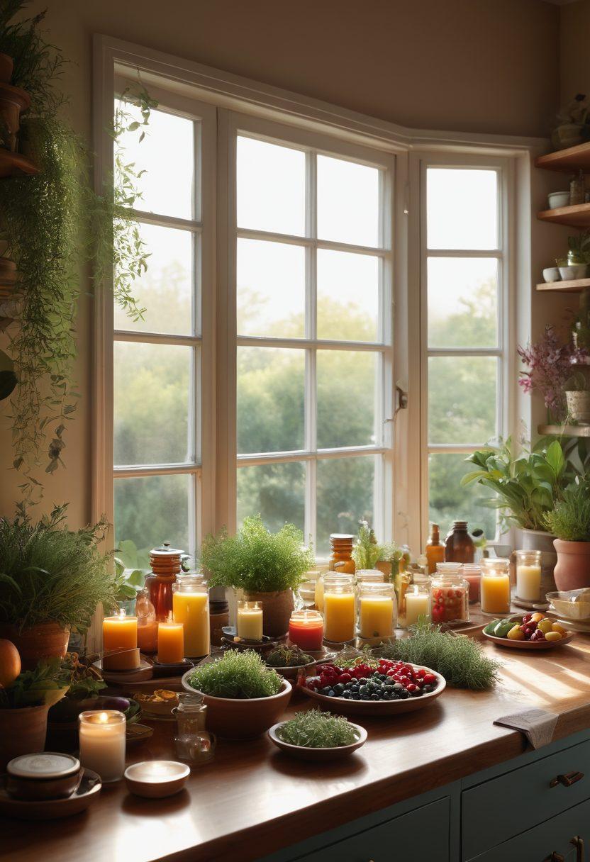 A serene kitchen scene featuring an herbalist preparing natural remedies, surrounded by fresh herbs, essential oils, and calming candles. A window bathed in soft morning light illuminates a table filled with vibrant fruits and comforting teas, conveying a sense of tranquility and wellness. Emphasize the connection between nature and self-care. super-realistic. warm tones. soft focus.