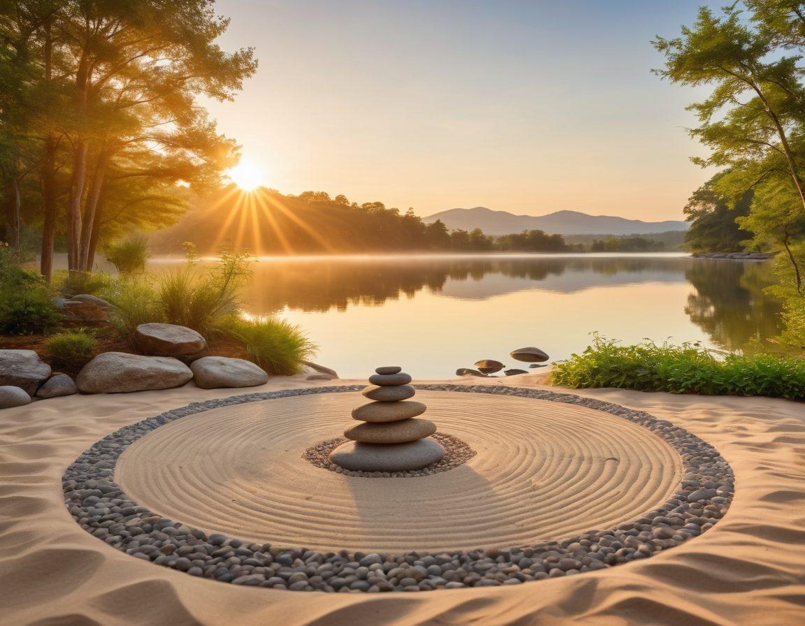 A serene landscape featuring a tranquil zen garden with raked sand and strategically placed stones, symbolizing mindfulness and balance. In the background, a calm lake reflects a soft sunrise, surrounded by lush greenery. Incorporate elements of meditation, like a person sitting cross-legged, enveloped in warm light. The overall atmosphere should evoke peace, harmony, and personal growth. vibrant colors. super-realistic.